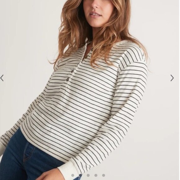 Marine Layer Double Knit Carter Henley Long Sleeve Top in White/Black Stripe - Picture 2 of 9